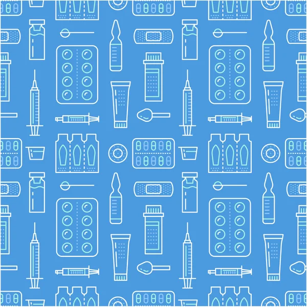 Medical Drugstore Seamless Pattern Medicament Vector Background Blue Color Medicines — Stock Vector