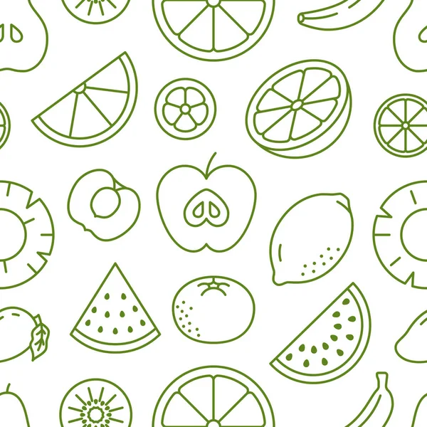 果物の背景 抽象的な食品のシームレスなパターン リンゴ バナナ スイカ レモンラインのアイコンと新鮮な果物の壁紙 ベジタリアングルメベクトルイラスト — ストックベクタ