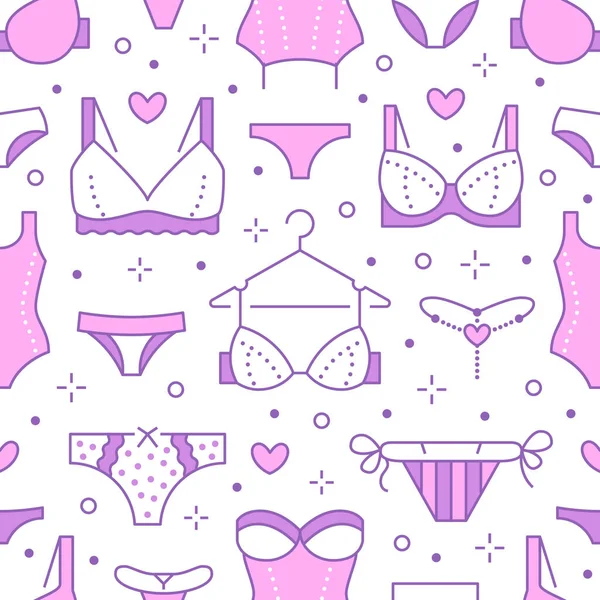 Lingerie Seamless Pattern Flat Line Icons Bra Types Panties Woman — Stock Vector