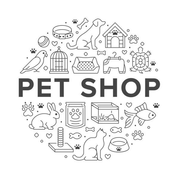 Pet Shop Vektorový Kruh Banner Ploché Čáry Ikony Psí Bouda — Stockový vektor