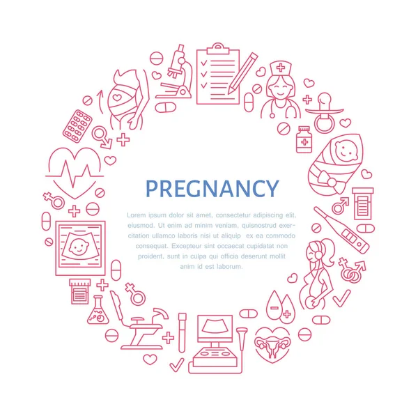 Medizinische Plakatvorlage Vektorzeilenillustration Der Schwangerschaftsplanung Und Geburtshilfe Gynäkologie Elemente Stuhl — Stockvektor