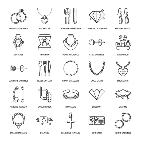 Iconos Línea Plana Joyería Carteles Joyería Accesorios Joyas Anillos Compromiso — Vector de stock