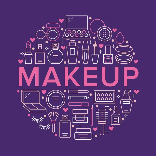 Makeup Beauty Care Circle Poster Concept Line Icons Cosmetics Illustrations — Stock Vector
