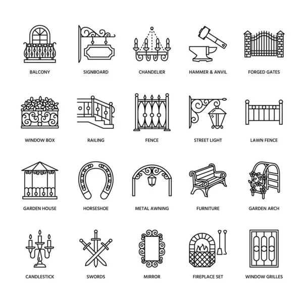 Forged Metal Products Artistic Forging Vector Line Icons Blacksmith Elements — Stock Vector