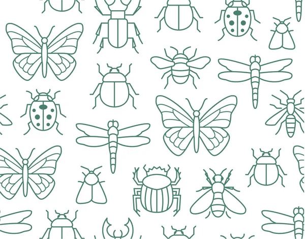 Insekten Nahtloses Muster Mit Flachen Linien Symbolen Hintergrund Schmetterling Käfer — Stockvektor