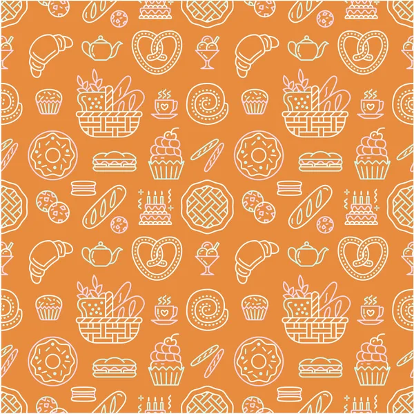 Bäckerei Nahtlose Muster Lebensmittel Vektor Hintergrund Beige Orange Farbe Süßwaren — Stockvektor