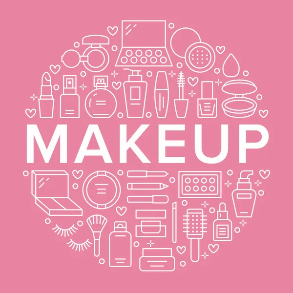 Makeup Beauty Care Pink Circle Poster Concept Line Icons Cosmetics — Stock Vector