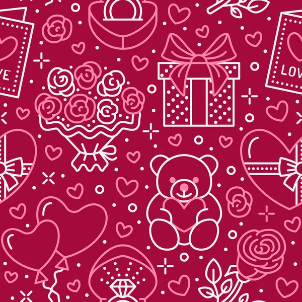 Valentines Day Pink Seamless Pattern Love Romance Flat Line Icons — Stock Vector