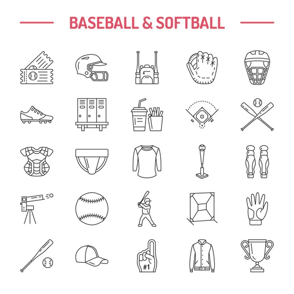 Baseball Softball Esporte Jogo Ícones Linha Vetorial Bola Morcego Campo — Vetor de Stock