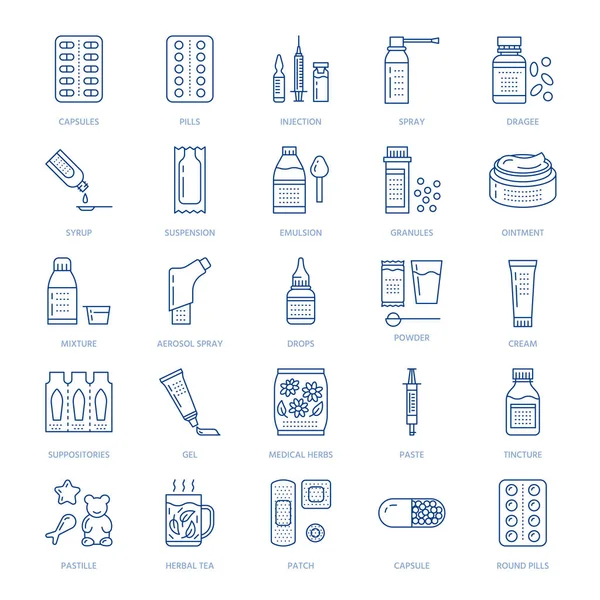 Medicamentos Formas Dosificación Iconos Línea Medicamentos Farmacéuticos Tabletas Cápsulas Pastillas — Vector de stock