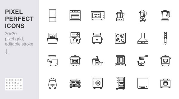 Kitchen appliance line icon set. Oven, mixer, dishwasher, food processor, combi steamer minimal vector illustrations. Simple outline signs of cooking equipment. 30x30 Pixel Perfect. Editable Strokes.