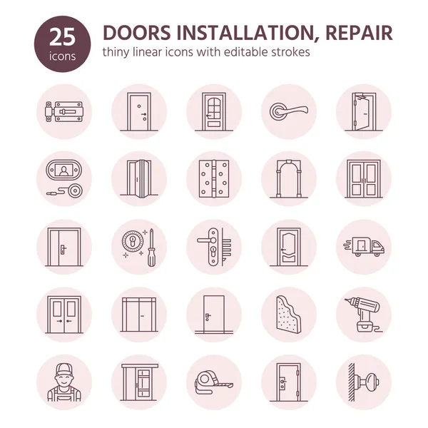 Puertas Instalación Línea Reparación Iconos Varios Tipos Puertas Manija Pestillo — Vector de stock