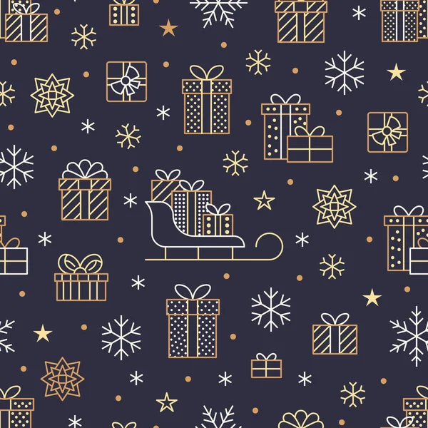 无缝隙图案 金黄色雪花 呈深紫色背景 平面礼品盒图标 可爱的重复墙纸 圣诞节横幅的漂亮元素 新年装饰品 — 图库矢量图片