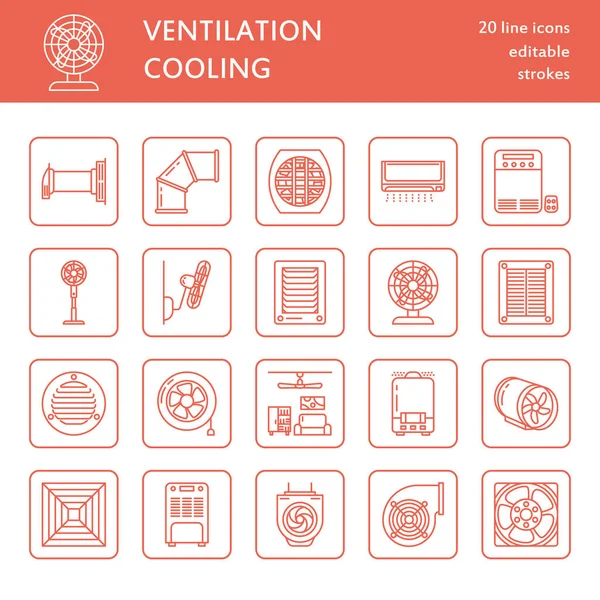 Icônes Ligne Équipement Ventilation Climatisation Appareils Refroidissement Ventilateur Échappement Ventilateur — Image vectorielle