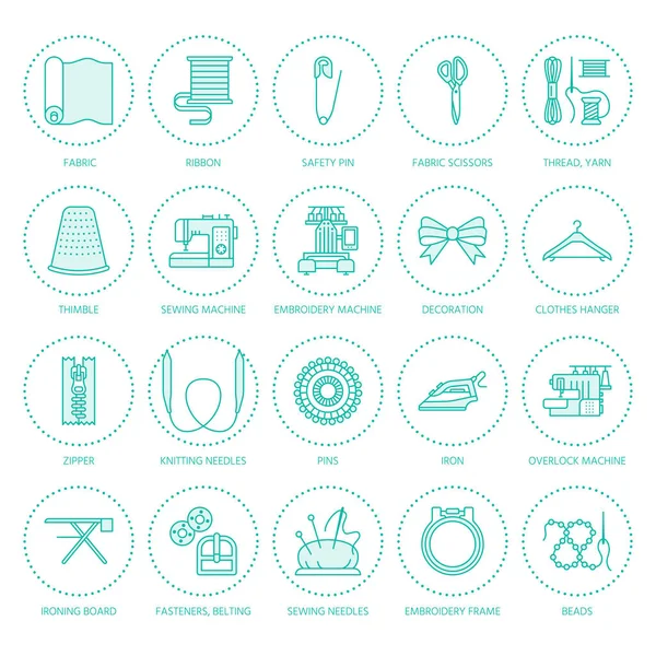 Sewing Equipment Tailor Supplies Flat Line Icons Set Needlework Accessories — Stock Vector