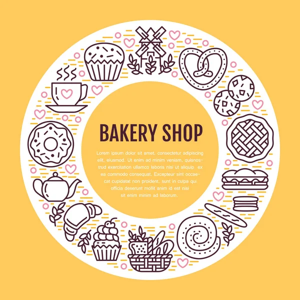 Bäckerei Konditorei Plakatvorlage Vector Food Line Symbole Illustration Von Süßigkeiten — Stockvektor