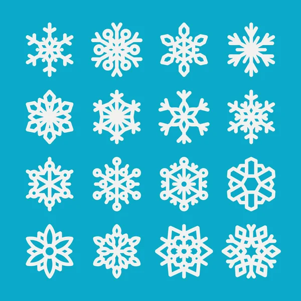 Linda Colección Copos Nieve Aislado Sobre Fondo Azul Iconos Planos — Vector de stock