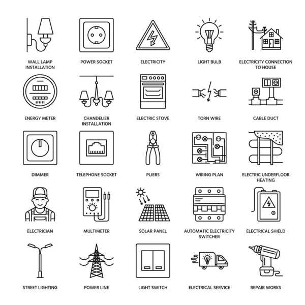 Electricity Engineering Vector Flat Line Icons Electrical Equipment Power Socket — Stock Vector