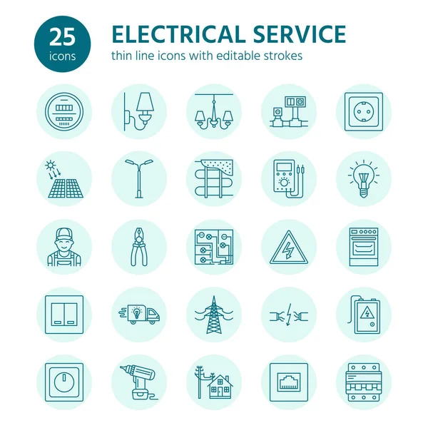 Elektriciteit Engineering Vector Platte Lijn Pictogrammen Elektrische Apparatuur Stopcontact Gescheurde — Stockvector