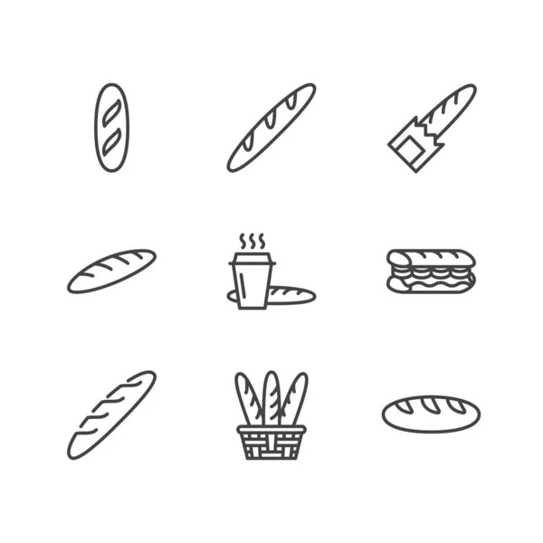 Baguette Comida Línea Plana Iconos Casa Pan Pan Francés Ilustración — Vector de stock