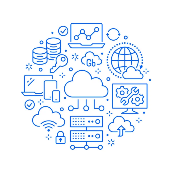 Cloud Data Opslag Cirkel Poster Met Lijn Pictogrammen Database Achtergrond — Stockvector