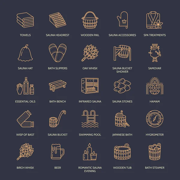 Sauna Línea Baño Vapor Iconos Equipo Baño Abedul Abedul Roble — Vector