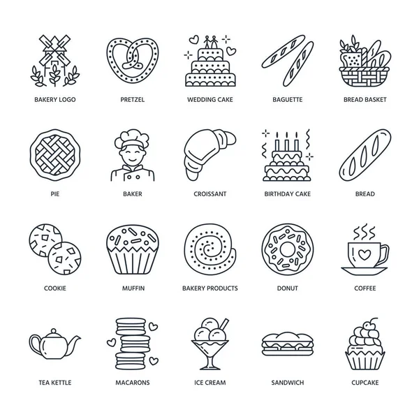 Bakery Confectionery Line Icons Sweet Shop Products Cake Croissant Muffin — Stock Vector