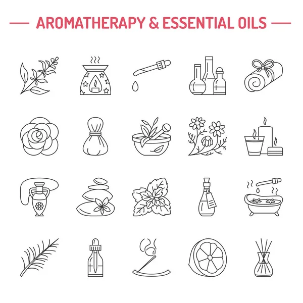 Iconos Modernos Línea Vectorial Aromaterapia Aceites Esenciales Elementos Difusor Aromaterapia — Vector de stock