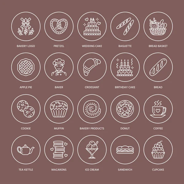 Bakery Confectionery Line Icons Sweet Shop Products Cake Croissant Muffin — Stock Vector