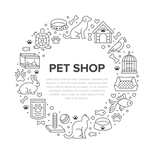 Pet Shop Vektor Cirkel Banner Med Platt Linje Ikoner Hundkoja — Stock vektor