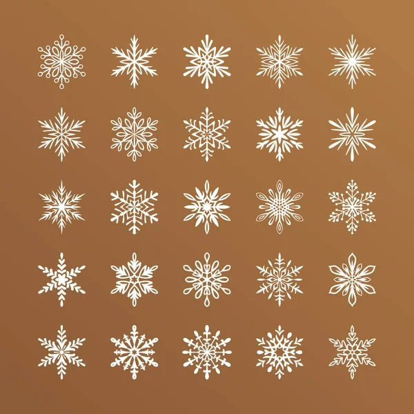 Niedliche Schneeflocken Sammlung Isoliert Auf Goldenem Hintergrund Flache Schnee Ikonen — Stockvektor