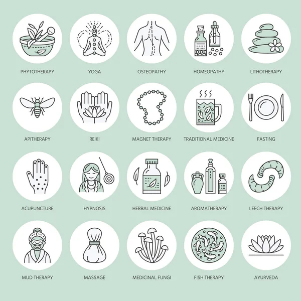 Alternative Medicine Line Icons Naturopathy Traditional Treatment Homeopathy Osteopathy Herbal — Stock Vector