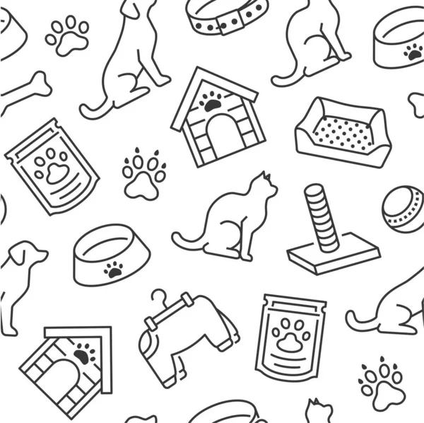 Tienda Mascotas Vector Patrón Sin Costuras Con Iconos Línea Plana — Archivo Imágenes Vectoriales