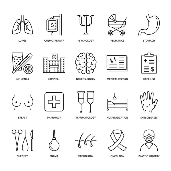 Hôpital Icônes Médicales Plates Organes Humains Estomac Cerveau Grippe Oncologie — Image vectorielle