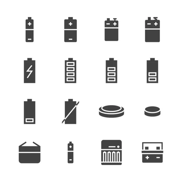 Batteriet Platt Linje Ikoner Batterivarianter Illustrationer Alkalisk Litium Bil Ackumulator — Stock vektor