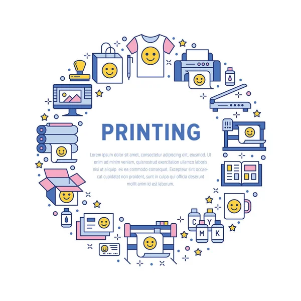 Printing House Cirkel Poster Met Platte Lijn Pictogrammen Drukkerij Apparatuur — Stockvector