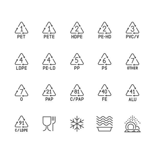 Iconos Línea Embalaje Plástico Residuos Reciclaje Símbolos Polietileno Pvc Paquete — Archivo Imágenes Vectoriales