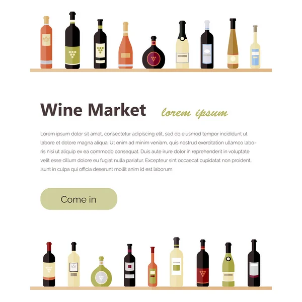 Set Botellas Vino Plano Botellas Aisladas Vino Plano Diferentes Tipos — Vector de stock