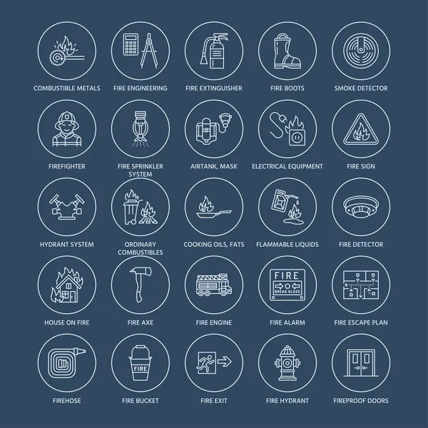 Пожаротушение Оборудование Пожарной Безопасности Иконки Плоской Линии Пожарный Пожарный Огнетушитель — стоковый вектор