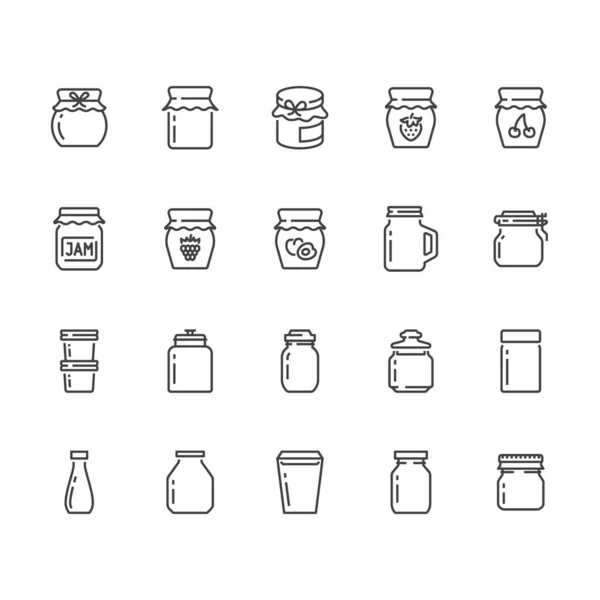 Flasche Marmelade Flache Linie Symbole Glasverpackungen Für Fruchtkonfitüre Himbeergelee Behältervektorillustrationen — Stockvektor