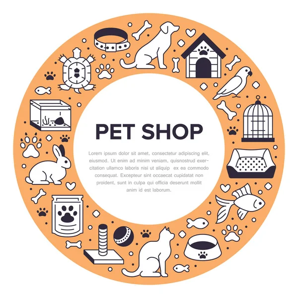 Dierenwinkel Vector Cirkel Banner Met Platte Lijn Pictogrammen Hondenhok Kattenvoer — Stockvector