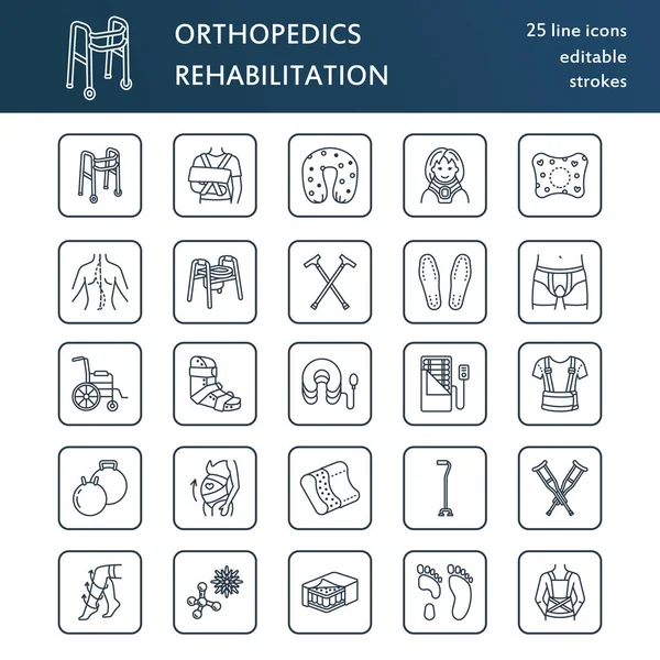 Ortopedik Travma Rehabilitasyon Çizgisi Ikonları Koltuk Değnekleri Ortopedi Yastığı Boyun — Stok Vektör