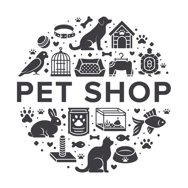Dierenwinkel Vector Cirkel Banner Met Platte Silhouet Pictogrammen Hondenhok Kattenvoer — Stockvector