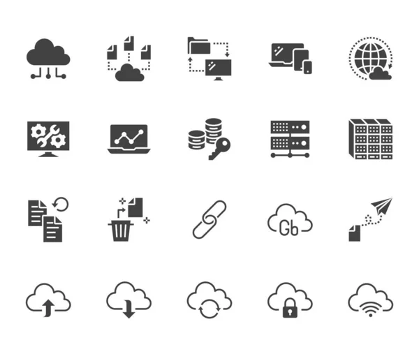 Conjunto Iconos Glifo Plano Almacenamiento Datos Nube Base Datos Almacenamiento — Vector de stock