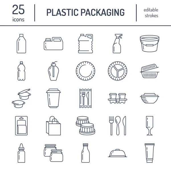 Plastic Packaging Disposable Tableware Line Icons Product Container Bottle Packet — Stock Vector