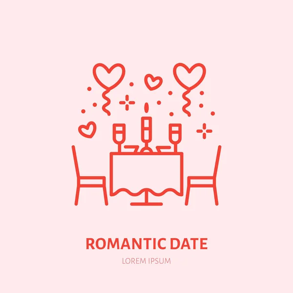 Romantické Datum Ilustrace Večeře Při Svíčkách Ikona Ploché Čáry Logo — Stockový vektor