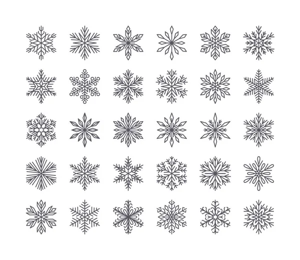 白い背景に隔離されたかわいい雪の結晶コレクション フラットライン雪のアイコン 雪のフレークシルエット クリスマスのバナー カードのための素敵な要素 お正月飾り — ストックベクタ