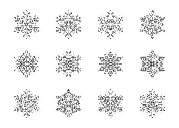白い背景に隔離されたクリスマスの雪片コレクション 繊細なカットアウトシルエットのかわいい手描きの雪のアイコン 新年のバナー カードや装飾のための素敵なラインドアの装飾要素 — ストックベクタ