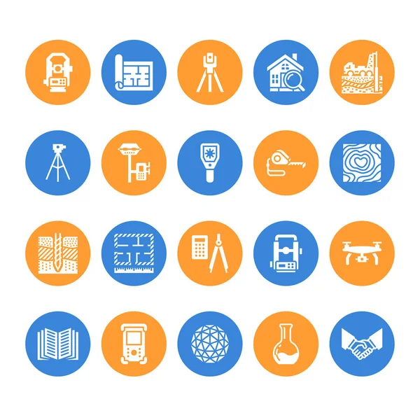 Geodetic survey engineering vector flat glyph icons. Geodesy equipment, tacheometer, theodolite. Geological research, building measurements. Construction signs. Solid silhouette pixel perfect 64x64.