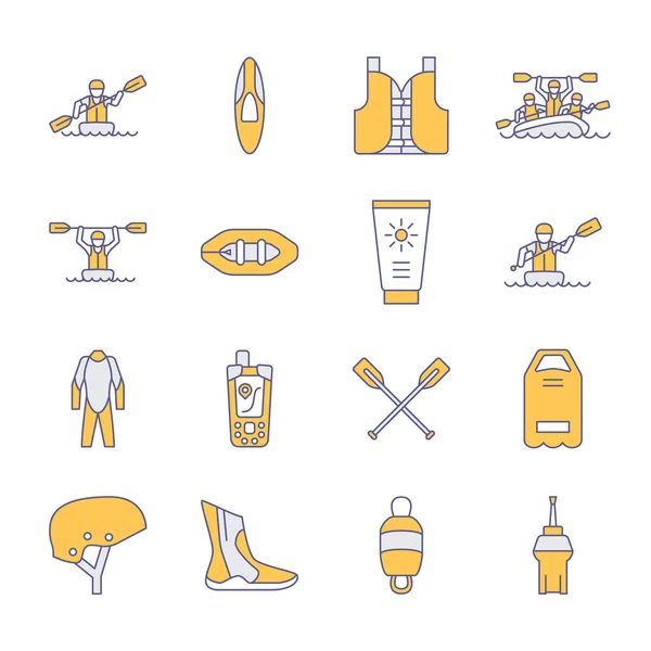 Rafting Kayak Lignes Plates Icônes Illustration Vectorielle Des Équipements Sports — Image vectorielle
